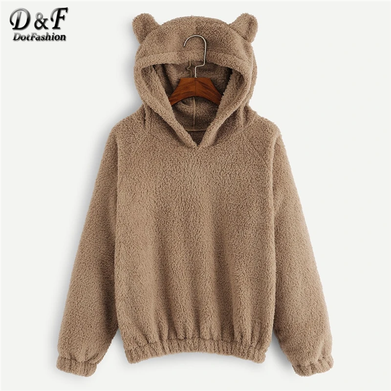 Discount  Dotfashion Camel Solid Hooded Teddy Sweatshirt Women Casual Autumn Winter Plain Long Sleeve Clothin