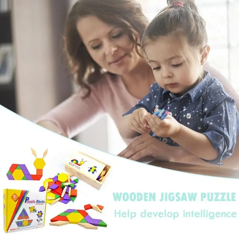 Wooden Tangram Shape Jigsaw Puzzle Box Kids Geometric Shape Puzzle Macthing Game Board with construction drawings Children Toys