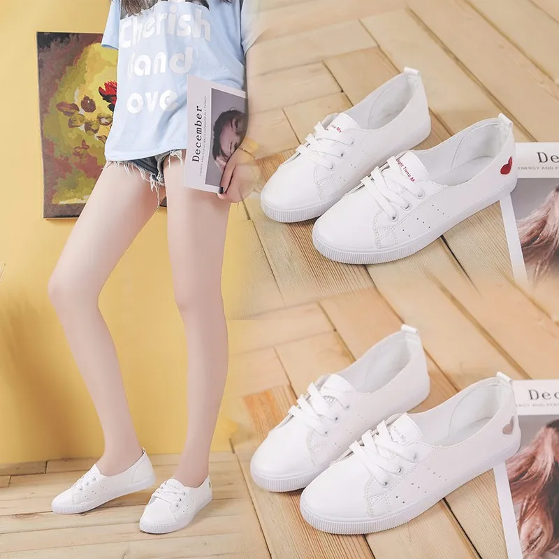 Women White Sneakers Heart Trainers Pu Leather Shoes Casual Flats Lace Up Fashion Female Summer Canvas Vulcanize huismerk kopen in de aanbieding Women White Sneakers Heart Trainers Pu Leather Shoes Casual Flats Lace Up Fashion Female Summer Canvas Vulcanize huismerk kopen in de aanbieding