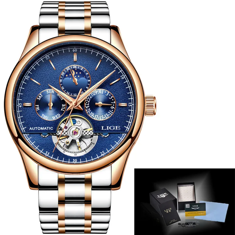 Новые Брендовые мужские часы LIGE, топ класса люкс, автоматические механические часы, мужские часы из нержавеющей стали, деловые часы, мужские часы+ коробка - Цвет: gold blue steel