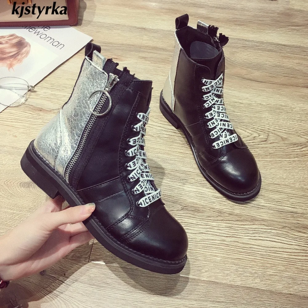 

Kjstyrka botines mujer 2018 high top women boots fashion casual letter shoelace personality shiny round toe ladies bota feminina