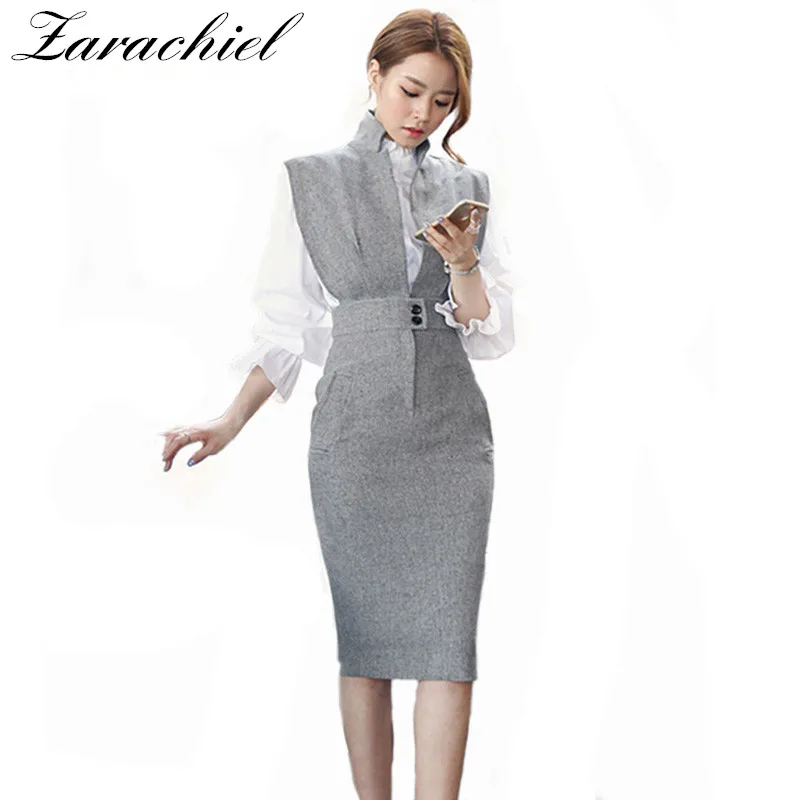 

Zarachiel Office Lady 2 Piece Set Dress 2019 Summer Women Sexy V-Neck Sleeveless Bodycon Dress+White Ruffles Blouse Shirt Dress