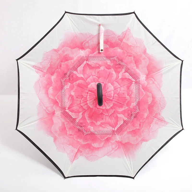 Yesello складной двухслойный перевернутый зонтик с цветком гардения, самостоящий с изнанкой, защита от дождя, длинные с-образные ручки для автомобиля - Цвет: Синий