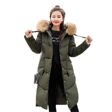 Утепленная зимняя куртка с большим меховым воротником для женщин, новинка, тонкий плюс размер, женские пуховики из хлопка с капюшоном, длинное пальто, женские парки