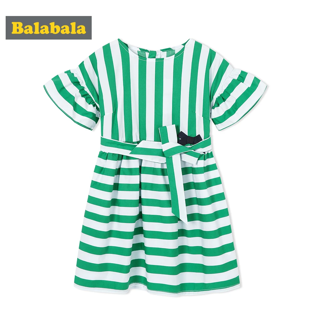

Balabala Girls Short Sleeve Dress Striped Dress with Trumpet Sleeve A-line Dress 100% Cotton Summer Beach Dress with Bow Tie