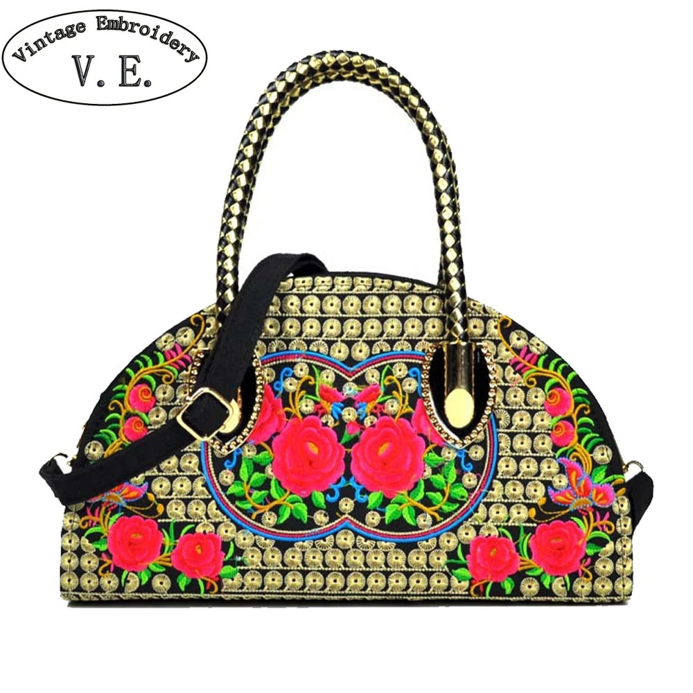 

Vintage Embroidery Luxury Handbags Women National Rose Embroidered Shell Bag Semicircle Shoulder Messenger Bags Bolsa Feminina
