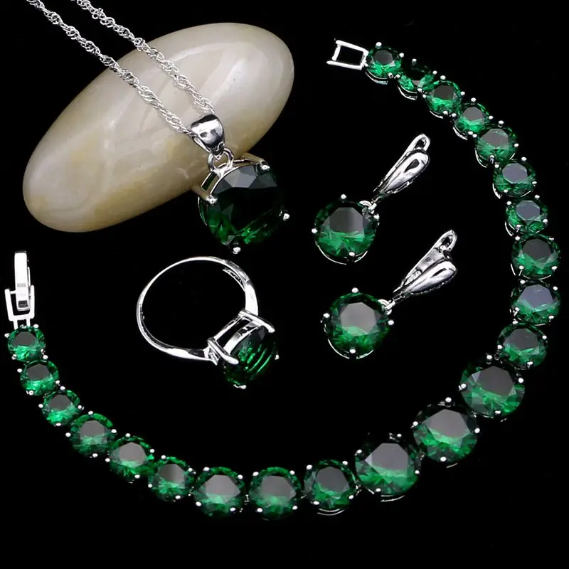 

925 Sterling Silver Bridal Jewelry Sets For Women Natural Green Cubic Zirconia Drop Earrings/Pendant/Necklace/Ring/Bracelet