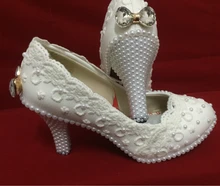 Elegant white lace flower wedding shoes pearl bow high heel platform shoes bridesmaid white single shoes