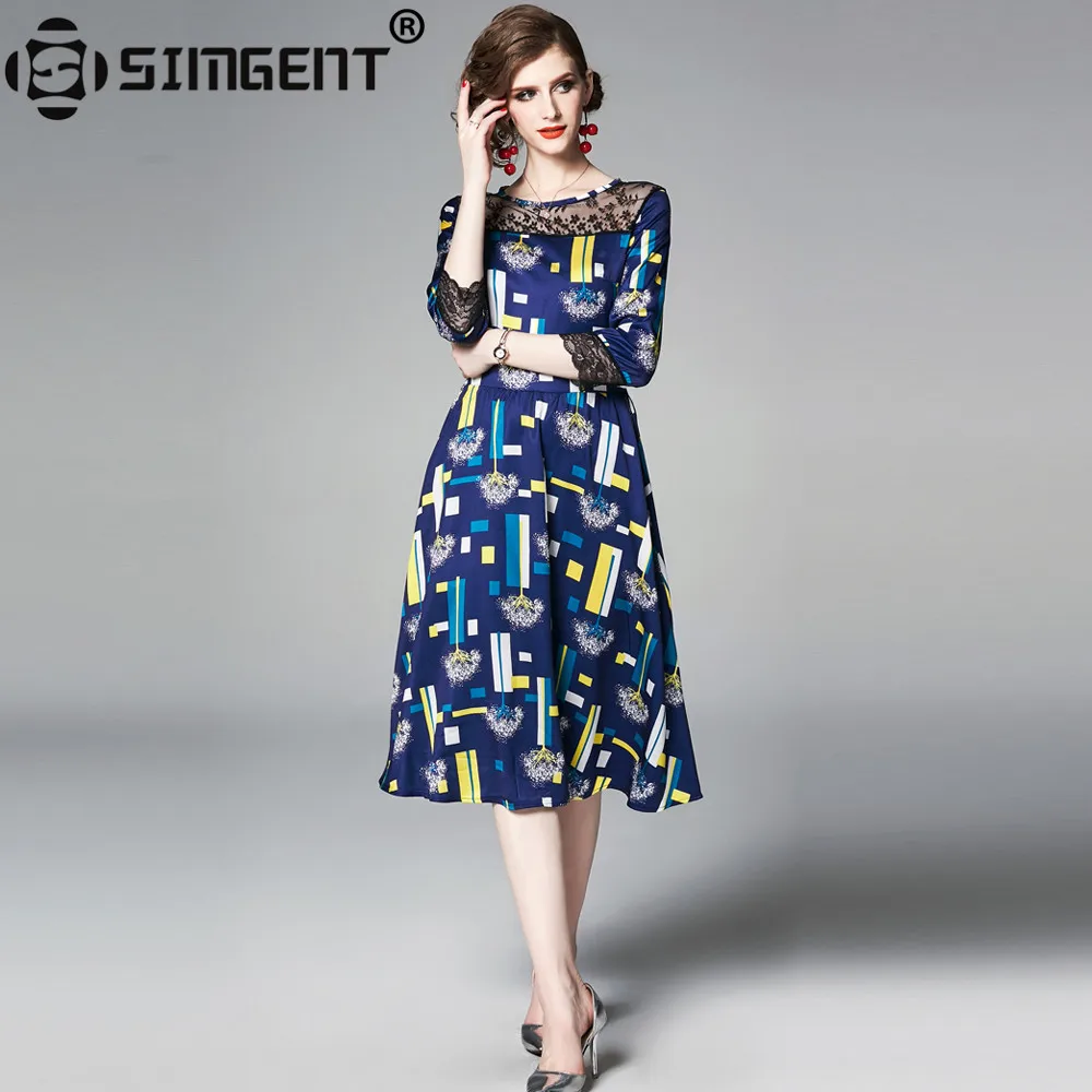 

Simgent Women Dress Summer Fashion Three Quarter Sleeve Printing A Line Mesh Patchwork Office Dress Woman Clothes Jurken SG94198