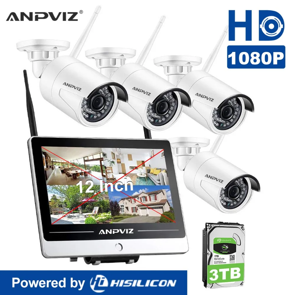 

Anpviz Wireless Security Camera System 4CH 1080P 12" WIFI NVR Kit CCTV 4pcs 1080P Indoor Outdoor Bullet IP Cameras P2P IR Night