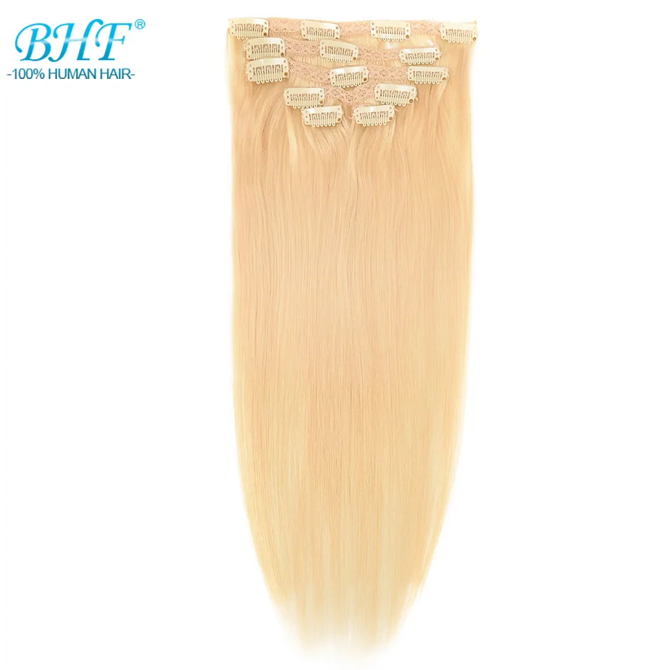 

BHF Clip In Human Hair Extensions Blonde 613# Machine Made Remy 100% European Full Head Natural Straight Hair Can Curl