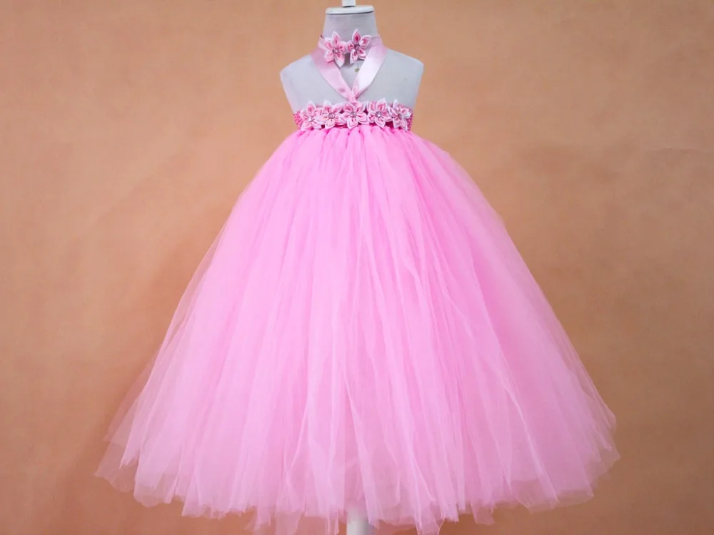 

High Quality Baby Girl pink DressFive petals flower Christening 1 year Birthday Dress For Baby Girl with headband free shipping
