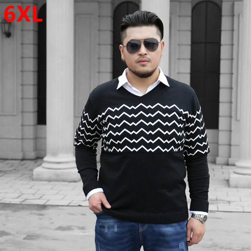 Large size Sweater 6XL elastic male fat turtleneck sweater V warm collar black thin striped