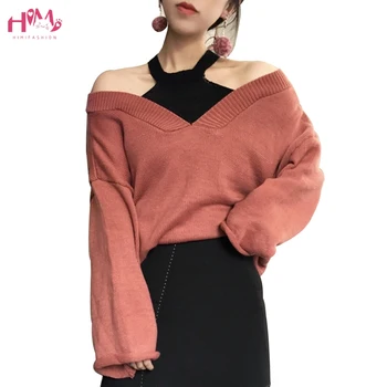 

Korean Style Slash Neck Women Sweaters Autumn Winter Knitted Femme Stripe Sweater Off Shoulder Halter Patchwork Female Pullovers