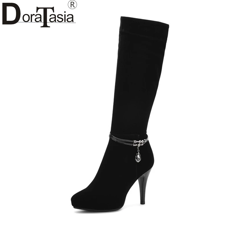 

DoraTasia Women's Ankle Strap High Heel Shoes Woman Zipper Closure Platform Knee Boots Size 34-39