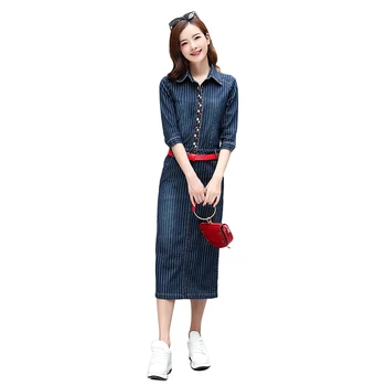 

Women Denim Dress 2018 Spring Autumn Fashion OL Business Office Striped Jean Pencil Dresses