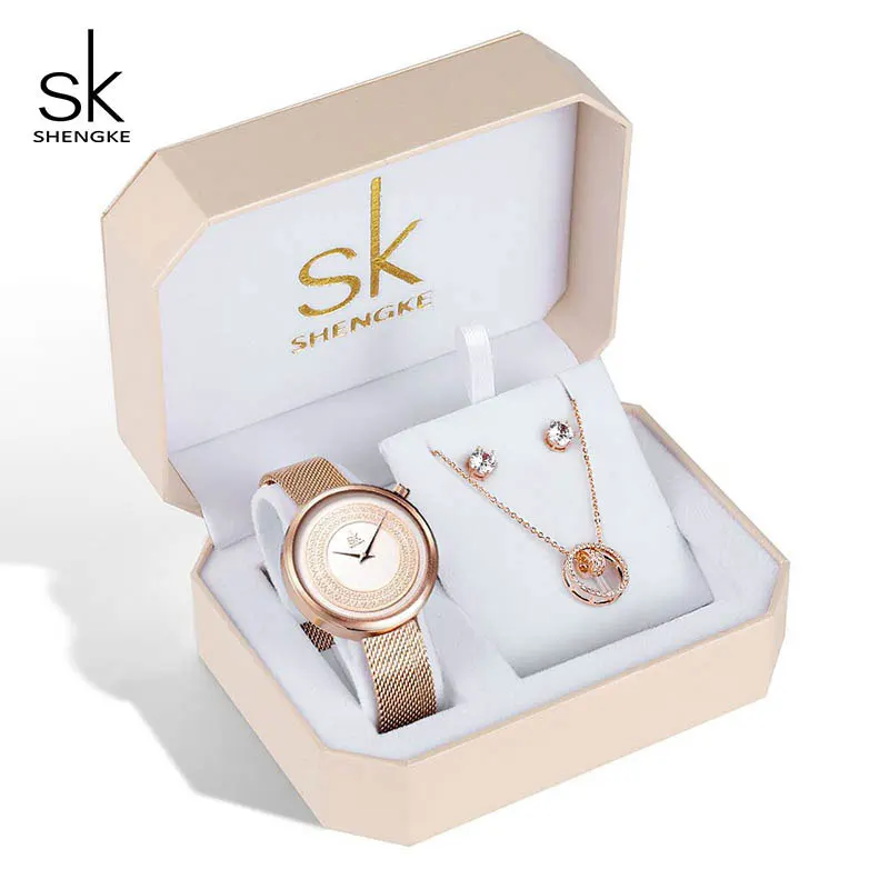 Shengke, набор женских часов, роскошные хрустальные серьги, ожерелье, часы, набор, Reloj Mujer SK, женские кварцевые часы, подарки для женщин - Цвет: K0094 with watch set