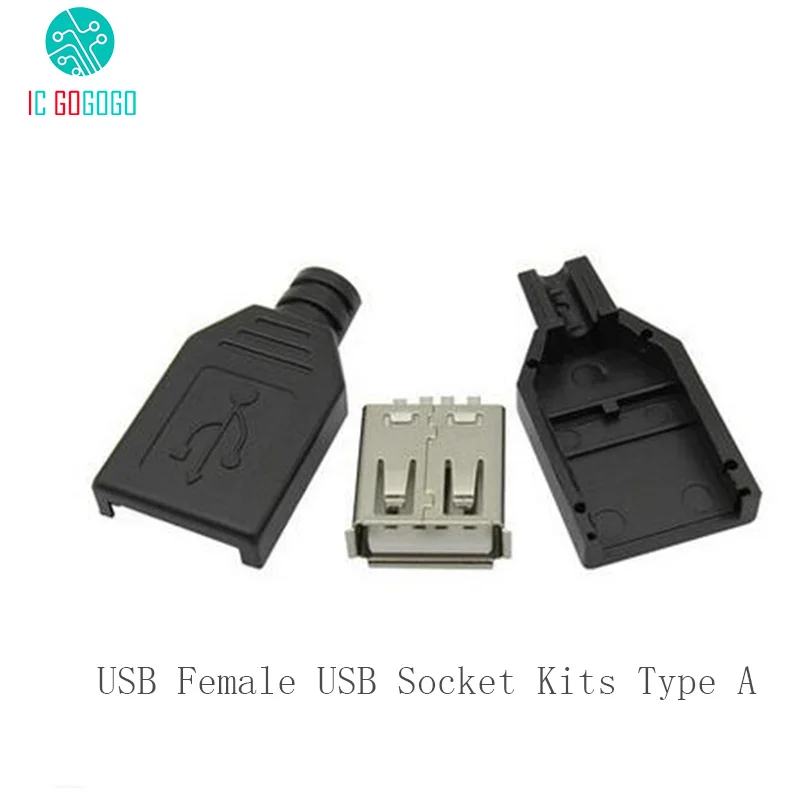 

5pcs Type A Female USB Socket Kits USB Soldering Plug Jack Connector Adapter DIY Black Plastic Shell