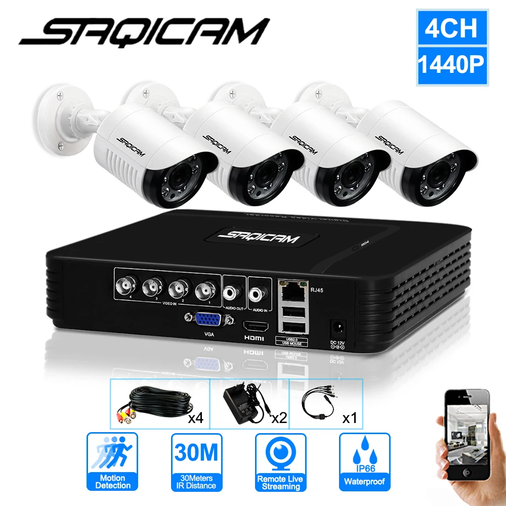 4CH 2Pcs AHD DVR 1440P 4MP CCTV IR Home Surveillance Security Camera System