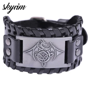 

Skyrim Viking Dragon Amulet Metal Crafts Vintage Bracelets Bangles Men Wristbands Nordic National Totem Genuine Leather Strap