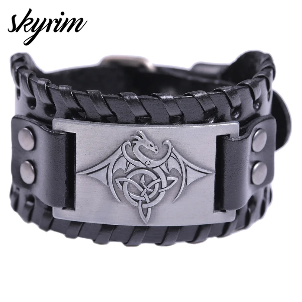 

Skyrim Viking Dragon Amulet Metal Crafts Vintage Bracelets Bangles men Wristbands Nordic National Totem Genuine Leather Strap