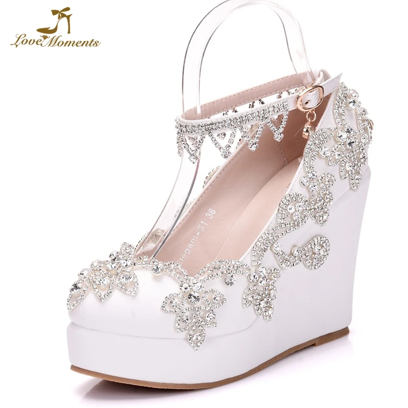 2018 Gorgeous Silver Rhinestone Wedges Buckle Straps White Color ...