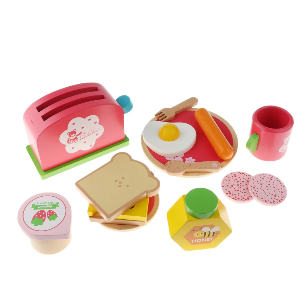 Wooden Delicious Breakfast Bread Fast Food Pretend Play Toy Set for Kids