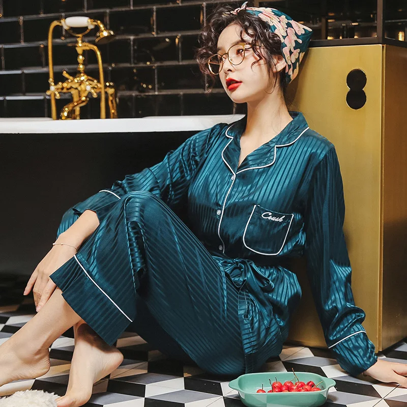 

Women Sleepwear Silk Sexy Pijama 3 Pcs Homewear Spring Summer Pajamas Set Sling elegant Woman pink Pajama Set Long Pant Set Robe