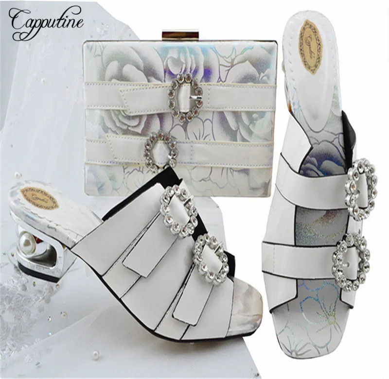 

Silver Color Middle Heels Party Shoes And Bag Set For Woman Nigerian Woman Pumps Rhinestone Shoes And Bag Set Size 38-43 MM1064