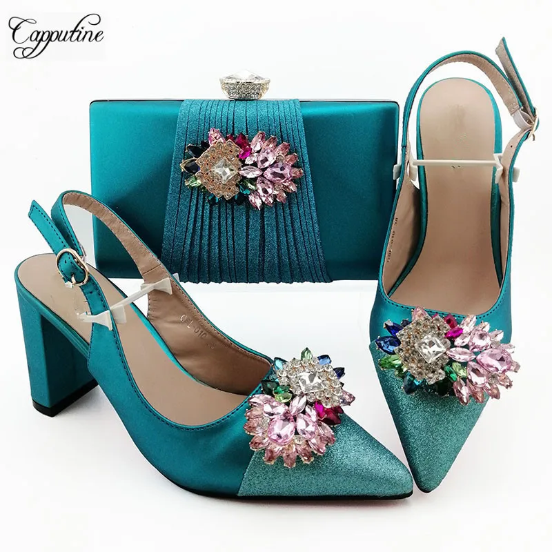 

Latest pump shoes with handbag set fashion sandals and bag with rhinestones QSL101 in blue. heel height 9cm