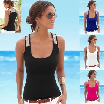 

2XL 3XL Summer Tank Black White Sexy Tops Slim Casual Sleeveless O-Neck Sequined Patchwork T Shirt Plus Size Women T Shirt Top