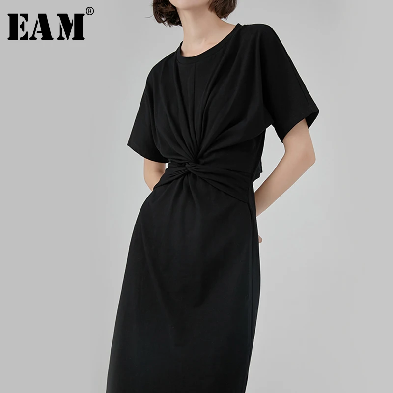 

[EAM] 2019 New Spring Summer Round Neck Short Sleeve Cross Knotting Brief Back Hollow Out Temperament Dress Women Fashion JX678