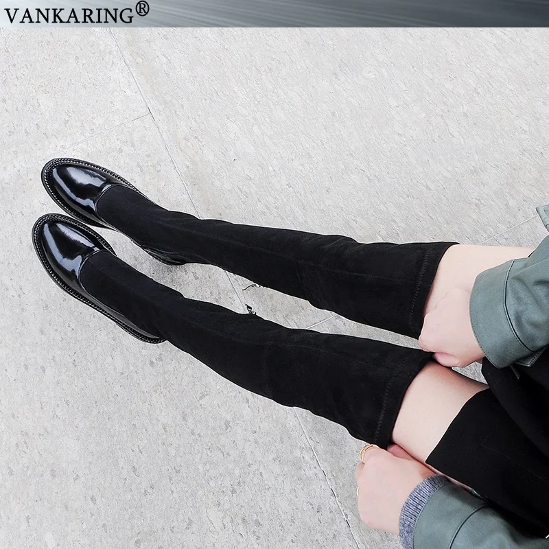 Бренд vankaring/Дизайнерские облегающие Женские Сапоги выше колена; сапоги до бедра из мягкой кожи; черные осенне-зимние сапоги; женская обувь