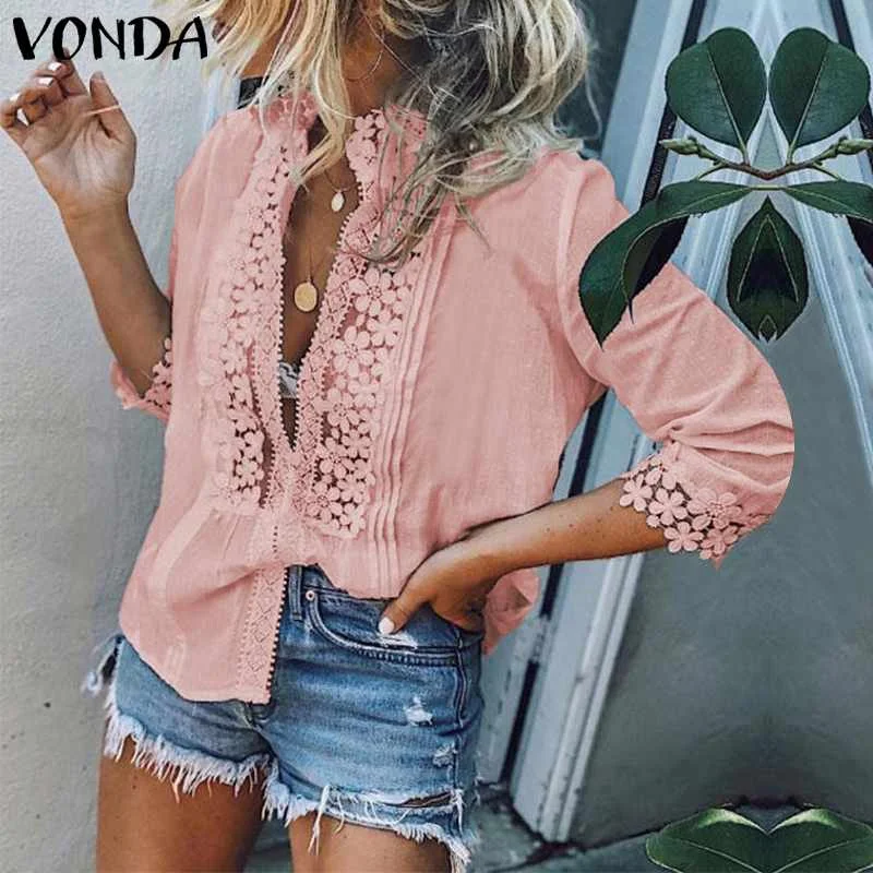 

VONDA Summer Women Floral Blouses 2019 Vintage Seven Sleeve Sexy V Neck Lace OL Office Shirt Blouse Beach Party Blusas Oversize