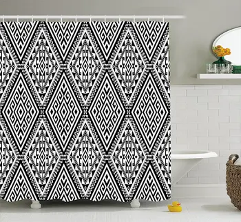 

Geometric Shower Curtain Diamond and Diagonal Shaped Symmetric Aztec Folk Ethnic Pattern Decor Set with Hooks 70 Inche