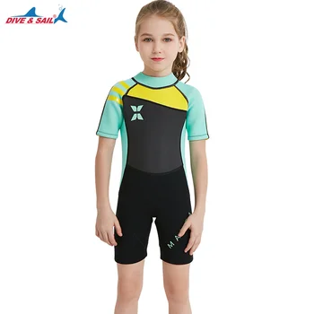 

2.5mm Shorty Jumpsuit For Girls Boys Back Zipper Spring Swimsuit Purple Blue Kids Wetsuits Youth's Premium Neoprene Diving Suit