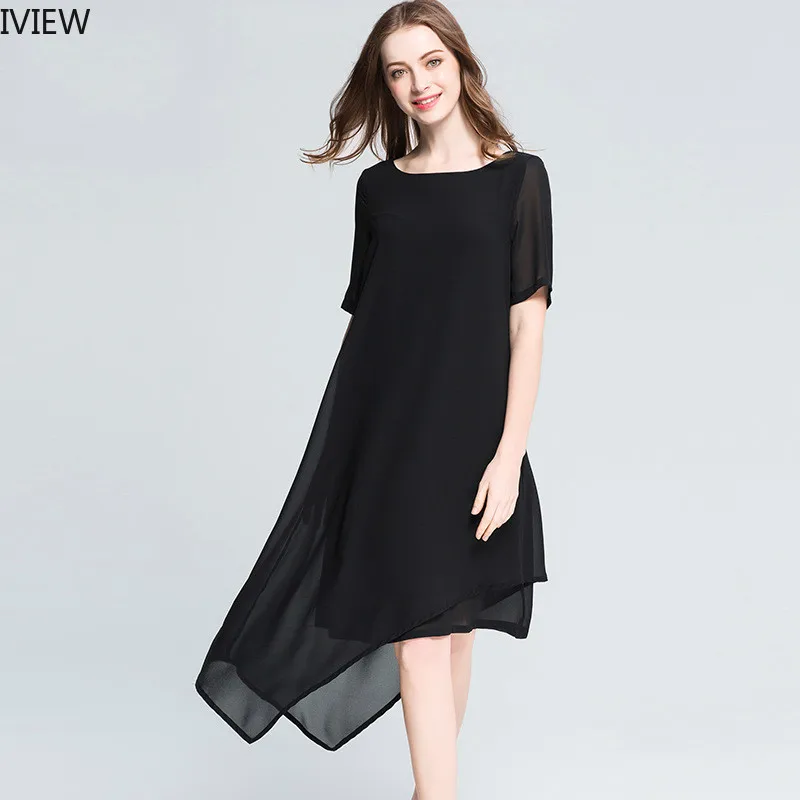 

IVIEW 2019 Summer Chiffon Dress Asymettrical Summer Maxi Dress Plus Size Women Party Dinner Dress Elegant O Neck Short Sleeve