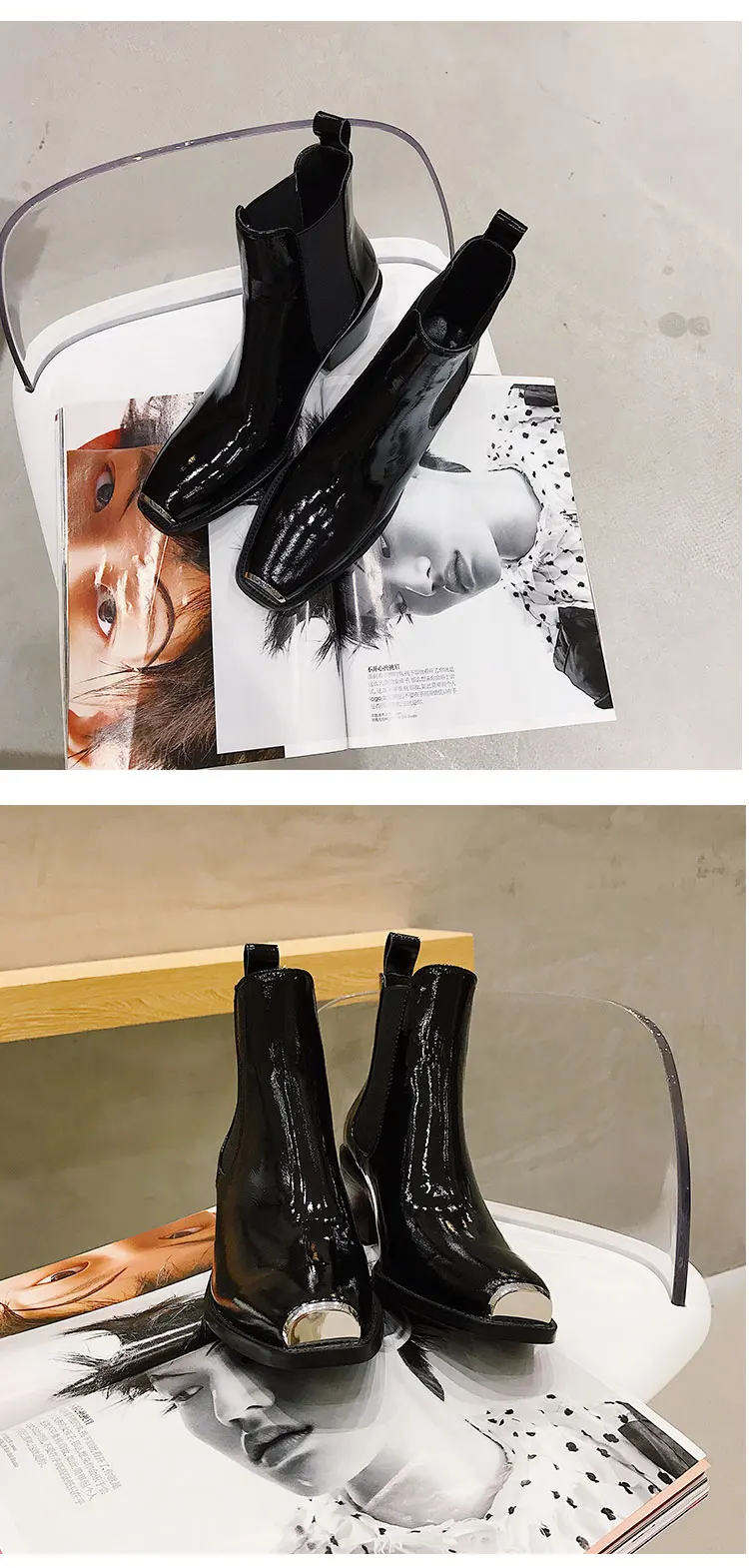 Черные ботинки «Челси» из лакированной кожи в британском стиле; квадратное железо носок; женская обувь на каблуке; женские мотоциклетные