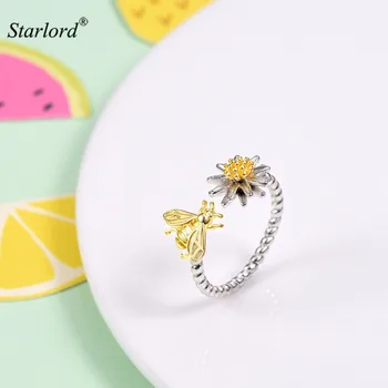 

Bee Flower Ring 925 Sterling Silver Adjustable Silver Ring Open Ring Daisy Flower Ring For Women R6250BK