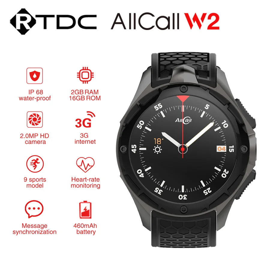 

AllCall W2 Android 7.0 Quad Core IP68 waterproof Smart Watch Phone AMOLED 1.39 inch 2GB RAM 16GB ROM 3G Mobilephone OTA 460mAh