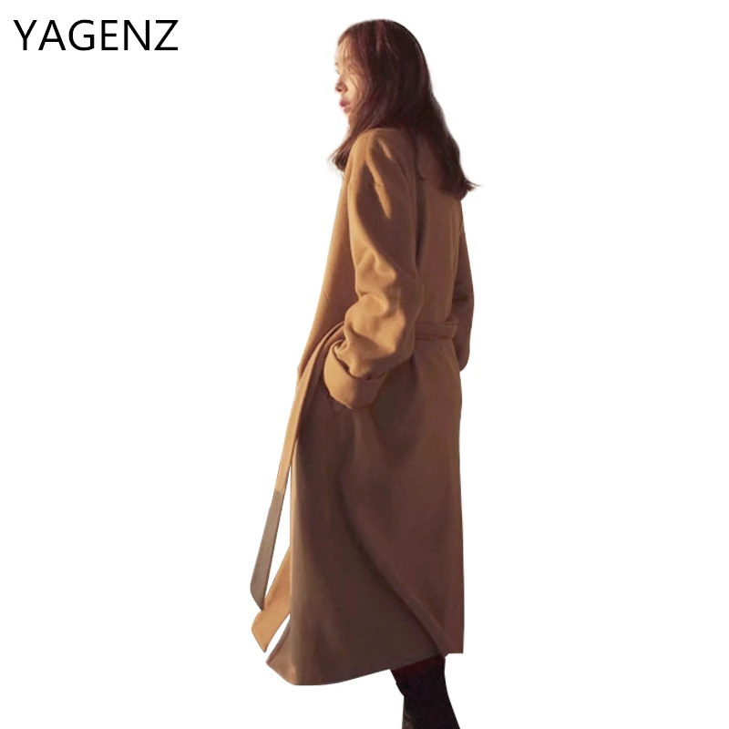 YAGENZ Высококачественная Зимняя шерстяная Женская куртка, корейское свободное Женское шерстяное длинное пальто, теплый пояс, однотонное Женское пальто черного цвета, большие размеры