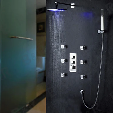 価格 BECOLA 8 インチ LED 3 色サーモスタット制御シャワーヘッドとマッサージはジェッツ浴室サーモスタットレインシャワーセット