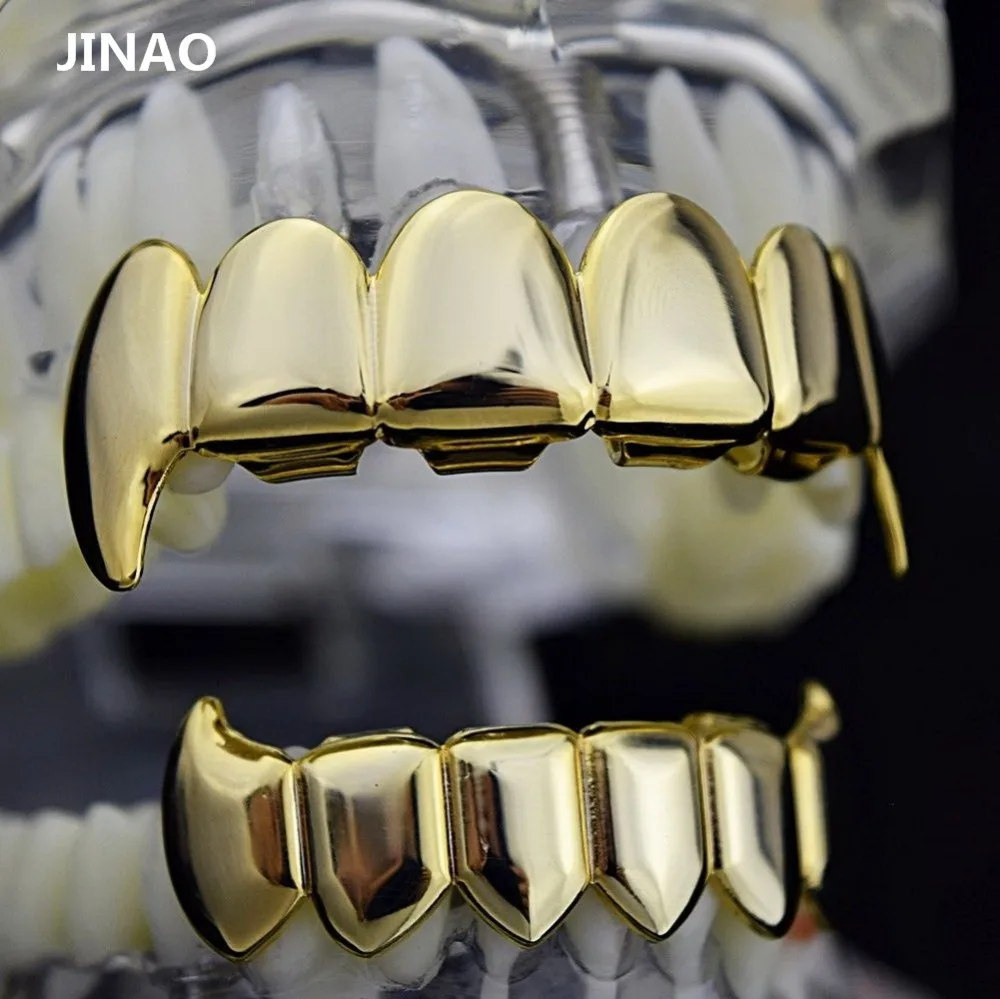 JINAO золото посеребренные хип-хоп ЗУБЫ Grillz верхние и нижние грили набор с силиконовым настоящим блестящим вампирский зуб гриль-наборы