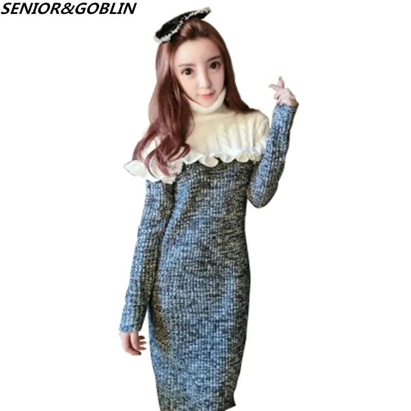 

High quality Autumn Winter Women Long Sleeve Knitted Sweater 2019 Fashion Bodycon Patchwork RufflesTurtleneck Warm Sheath Dress