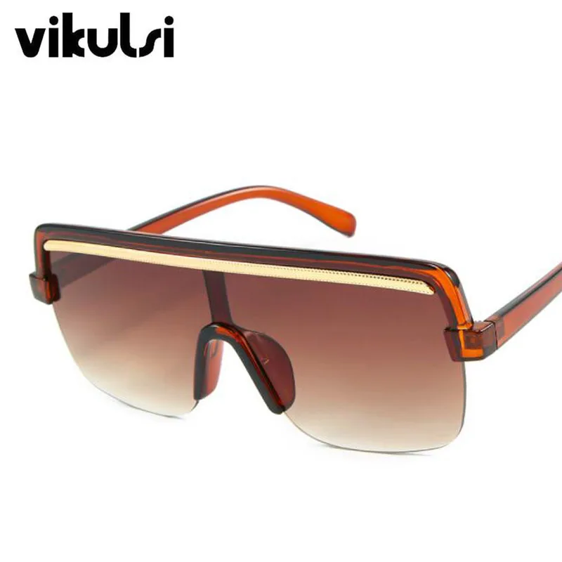 Unisex Retro Oversized Flat Top Sunglasses Women Brand Designer Square Mask Sun Glasses For Female Male Half Frame Shades UV400 - Цвет линз: E163 brown brown