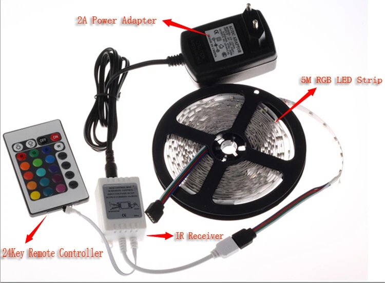 

3528 RGB led strip set dc12V waterproof Flexible Light 24 Keys IR Remote Controller 12V 2A Power Adapter 300led 5m