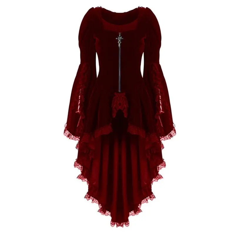 Осенняя элегантная размера плюс вечерние готические Шикарные Длинные Блузки женские красные тонкие кружевные Простые Топы на молнии женские винтажные модные готические рубашки - Цвет: Красный