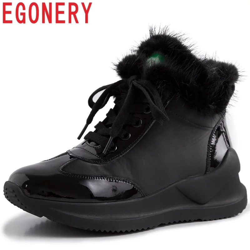 

EGONERY winter newest outside comfortable women shoes cross-tied round toe patent leather boots med wedges platform ankle boots