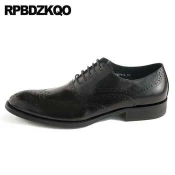 

Brogue Pointed Toe Black Dress Genuine Leather Men Shoes Italian Wedding Oxfords Italy Formal Brand Wingtip Lace Up Cow Skin