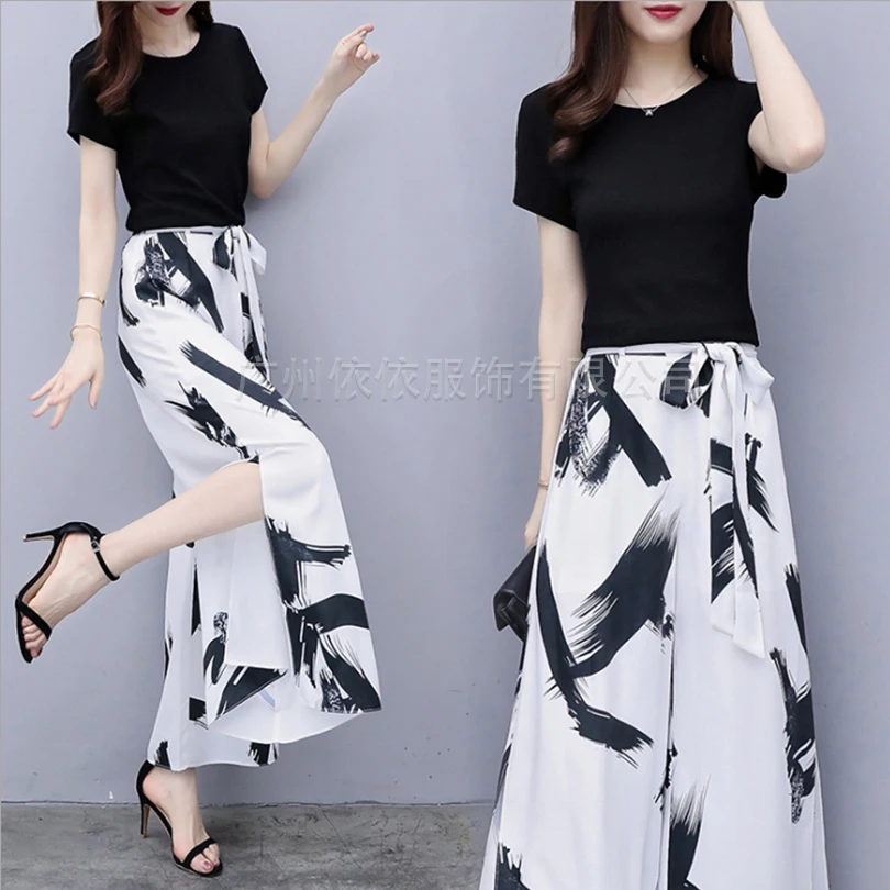 

Spring and summer new style Short-sleeved T-shirt + chiffon wide-leg pants Stylish temperament two-piece suit Women's suit